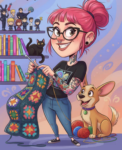 "A cozy, lo-fi anime-style illustration of a relaxing room filled with books, plants, and collectibles. The scene features multiple pets—including dogs and cats—sleeping peacefully on the rugs and furniture, representing a safe, lived-in sanctuary for gami